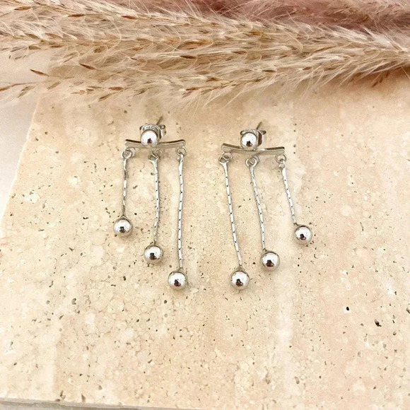 925 Sterling Silver Dangle Ball Earrings Long Drop Earrings Minimalist Dainty - Picture 1 of 4